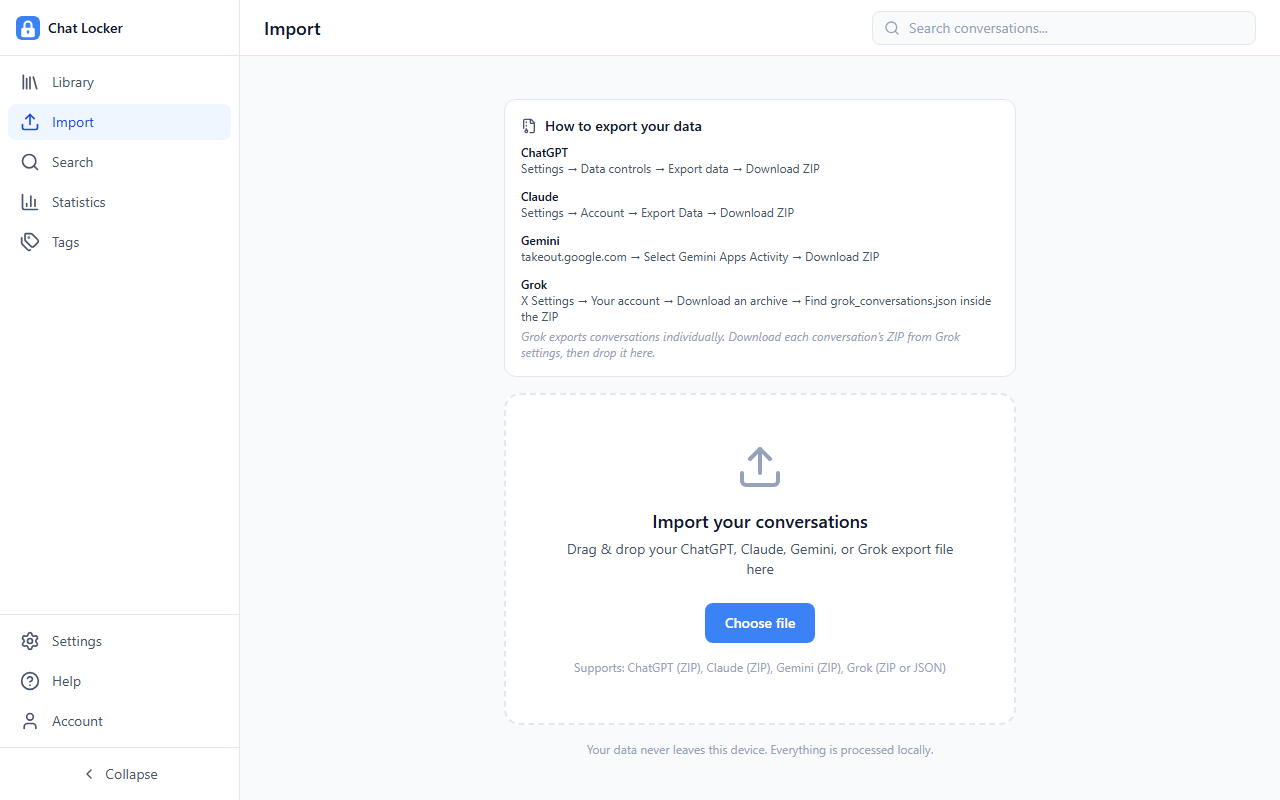 Chat Locker import page — drag and drop your ChatGPT, Claude, Gemini, or Grok export